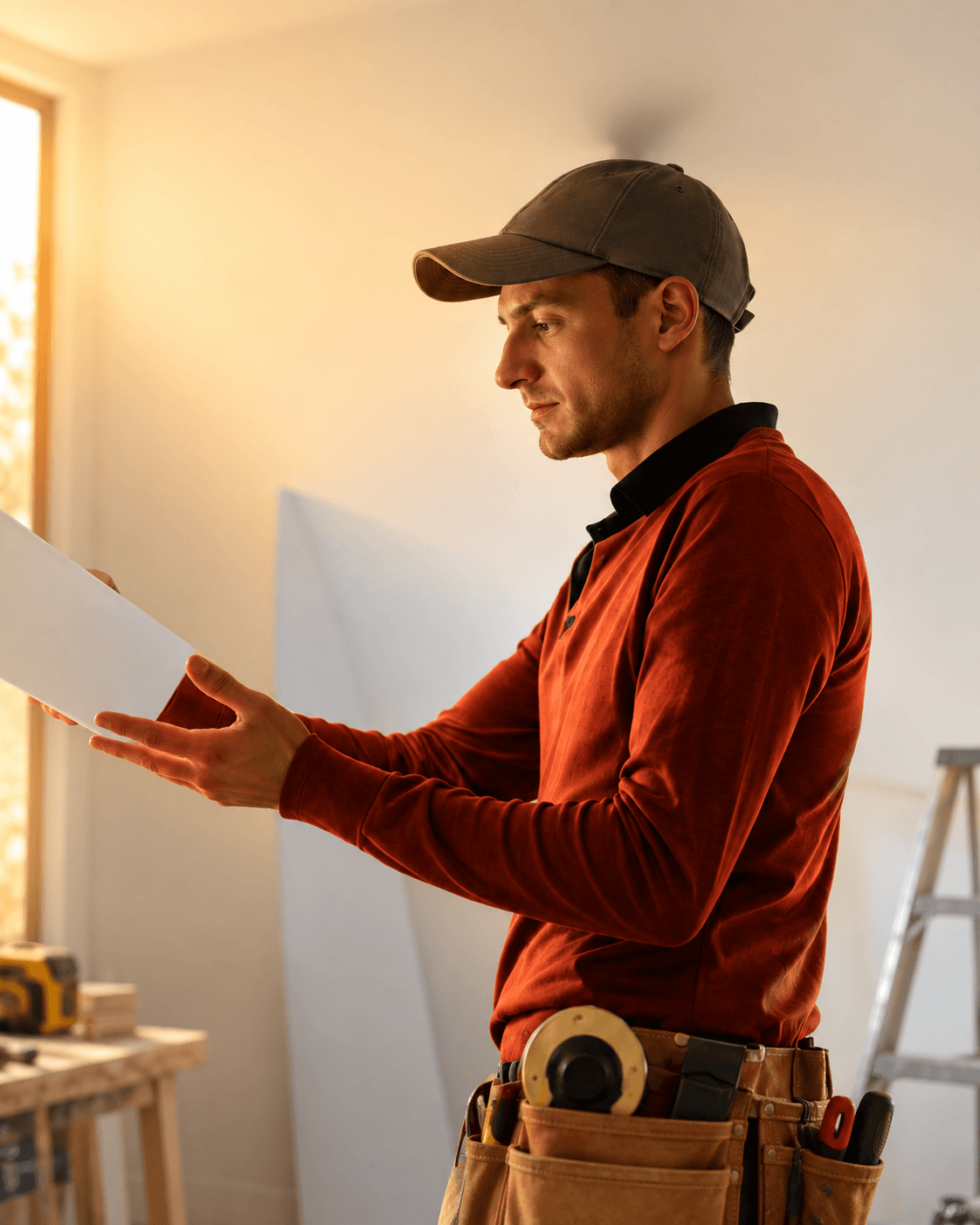 Home service professional inspecting a wall